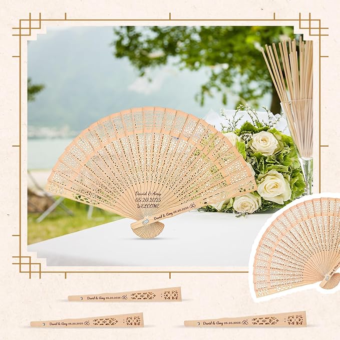 1pc Personalized Wedding Fans for Guests - Custom Wooden Hand Fans with Names/Dates - Bulk Wedding Favors for Bridal Shower, Baby Shower & Parties (Wood, 1pc)