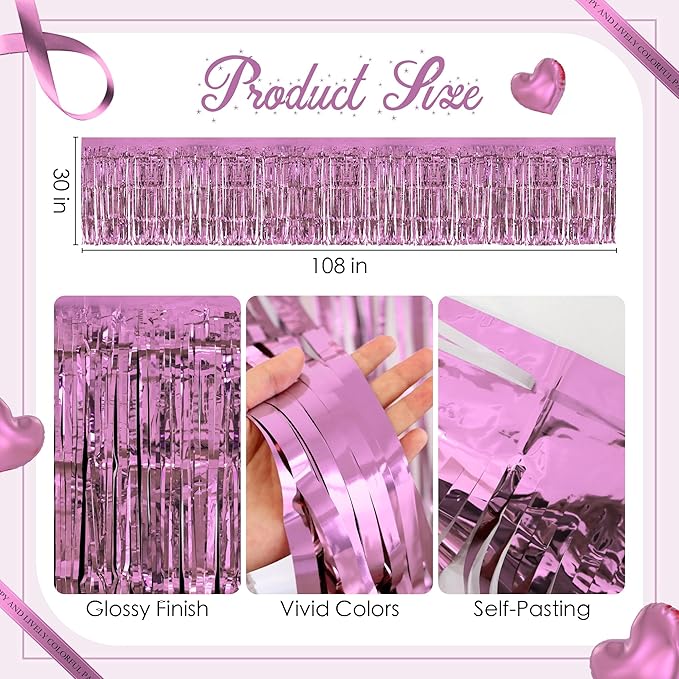 2 Pack Pink Table Skirts, 29x108" Metallic Foil Tinsel Fringe Table Skirts for Rectangle Tables Streamer Curtains Backdrop, Party Decorations for Birthdays Weddings Holidays