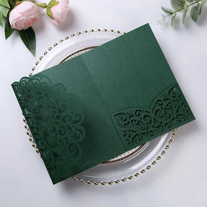 PONATIA 5.12 x 7.2 Emerald Green Laser Cut Invitation Cards, 20PCS Tri-Fold 5 x 7 Trifold Wedding Invitation Cards Pockets with Envelopes for Wedding Bridal Shower Engagement Birthday Quinceanera