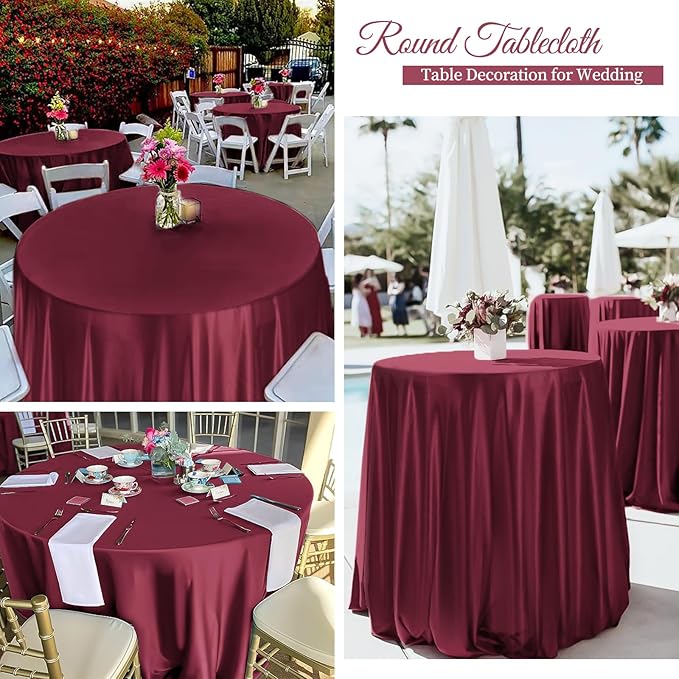 fani 12 Pack 120 Inch Burgundy Satin Tablecloth - Premium Bright Silky Round Tablecloth Overlay Smooth Fabric Table Cover, Table Decoration for Wedding Party Banquet Events Restaurant Kitchen Dining