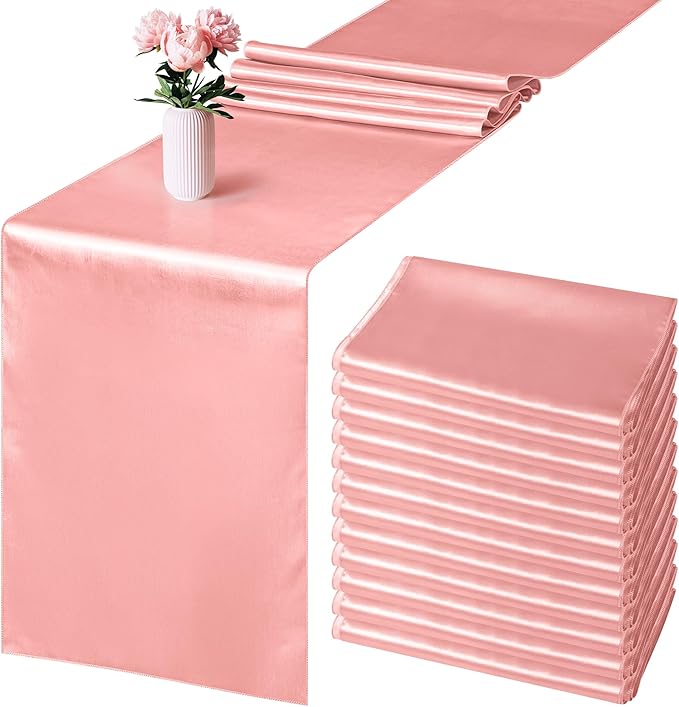 Aneco 12 Pack Satin Table Runner 12 x 108 Inch Rose Gold Long Wedding Satin Silk Table Runner for Wedding Banquet Graduations Birthday Party Decoration