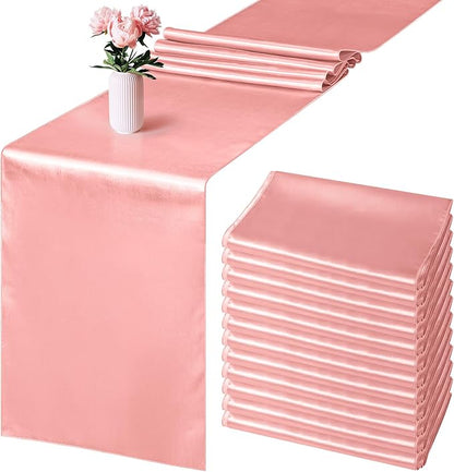 Aneco 12 Pack Satin Table Runner 12 x 108 Inch Rose Gold Long Wedding Satin Silk Table Runner for Wedding Banquet Graduations Birthday Party Decoration