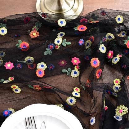Joanlody Black Embroidery Daisy Fall Thanksgiving Table Runner 10ft Florals Seasonal Tulle Table Runner Holiday Kitchen Dining Table Decoration for Home Party Indoor