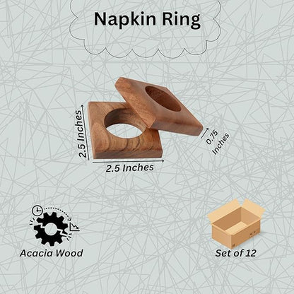 Wooden Napkin Rings Set of 12 Fall Decor for Home Square Acacia Wood Napkin Holders for Dining Table Settings Napkin Ring Rustic Table Décor for Weddings, Parties, Everyday Use (Brown) - CLEENTABLE