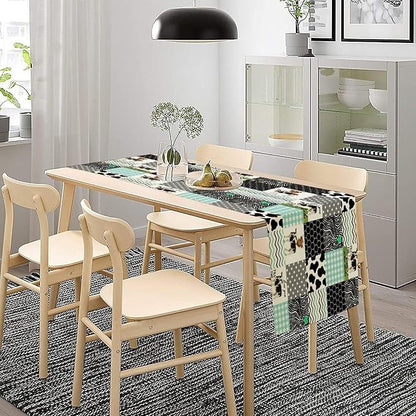 Cute Cow Print Table Runner,Farm Animals Honeycomb Plaid Stripes Cowhide Pattern Tablecloth Burlap for Hotel Indoors Outdoor Dining Room Kitchen Table Decor, 13x108in