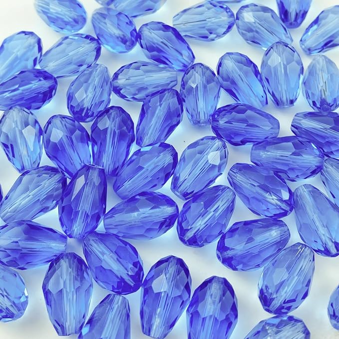130pcs 6x8mm Teardrop Crystal Glass Beads Vertical Hole Faceted Glass Teardrop Spacer Beads for Bracelets Necklace Earring DIY Jewelry Making Craft(Light Blue)