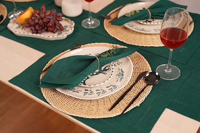 Linen Table Runner 14 x 90 Inch Long - 100% Pure Linen Christmas Green Table Runner - Cloth Fabric Hemstitch Runner for Thanksgiving, Christmas, Winter, New Year - Elara
