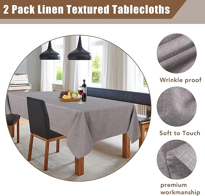 Fitable Faux Linen Table Clothes 2 Pack, Faux Burlap Fabric Tablecloths for Rectangle Tables, Rustic Holiday Table Covers for Kitchen Dining, Party, Farmhouse (Stone, 54 x 78 Inch)