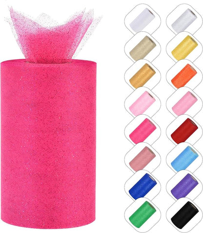 Glitter Tulle Rolls 6” by 50 Yards Sparkle Tulle Fabric Ribbon Sequin Tulle Netting Rolls for DIY Tutu Skirt Wedding Birthday Party Decoration (Fuchsia)