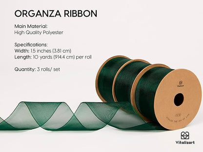 Vitalizart Green Organza Ribbon 1.5" x 30 Yd Sheer Ribbons Dark Green for Christmas Decor Gift Wrapping Crafts Bows Wedding Invitations Wreaths Bouquet