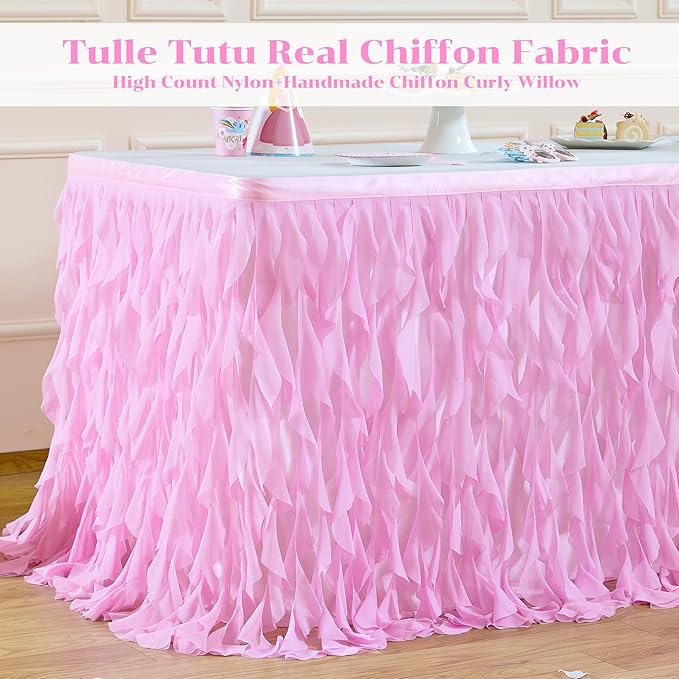 PARTISKY Pink Tulle Curly Willow Table Skirt for Rectangle Table 17ft, Ruffle Tutu Table Cloth for Girls Baby Shower,Birthday Party Candy Cake Tables