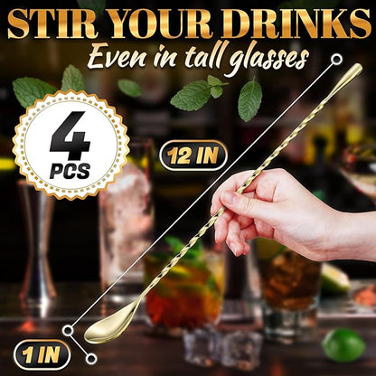 Bar Spoon Set of 4 – Gold Coffee Spoons for Pro and Home Use, Polished Stainless Steel Stirring Spoons with Twisted Spiral Handle - Cocktail Stirrers for Drinks Like Coffee, Smoothie, and Iced Tea
