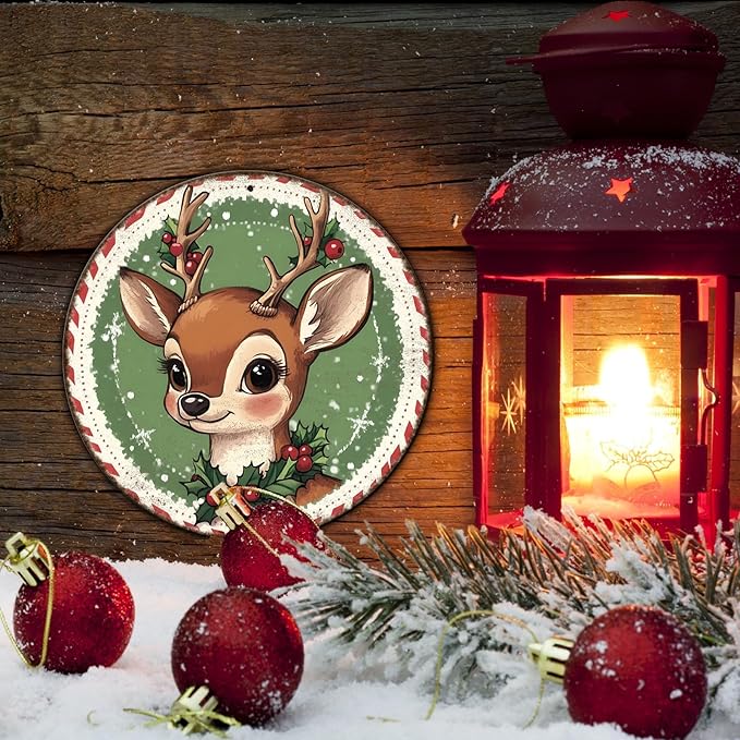 Round Retro Reindeer Metal Tin Sign - Vintage Christmas Decor for Home Coffee Wall - 8 * 8 in