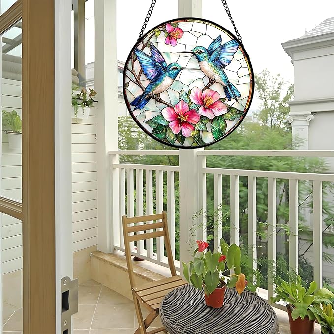 Stained Glass Window Hanging - Blue White Hummingbirds Pink Flowers Suncatcher for Door Terrace Garden Home Decor Bird Sun Catcher Birthday Gifts for Lovers Women Men Dad Mom Nana 11.8 in