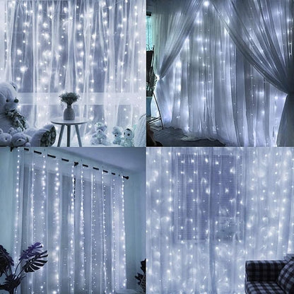 HOME LIGHTING Window Curtain String Lights, 300 LED 8 Lighting Modes Fairy Copper Light with Remote, USB Powered Waterproof for Christmas Bedroom Party Wedding Home Garden Wall Decorations, Cool White