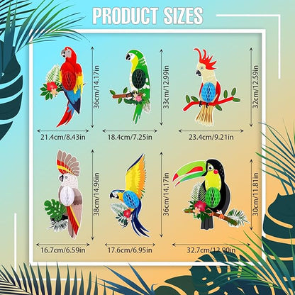6 Pieces Tropical Birds Honeycomb Cutouts, Large Parrot Hanging Decor Parrot Honeycomb Paper Cutouts for Summer Luau Rainforest Tropical Party Decorations