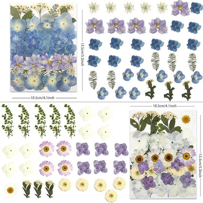 LUXEEASE 140 Pcs Dried Pressed Hydrangea Flowers for Crafts, Real Natural Blooms in Blue, Pink & White Tones with Foliage Accents, Perfect for Resin Art, DIY Jewelry & Home Decor – Tweezers Included
