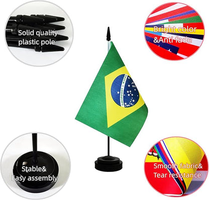 2 Pack Brazil Desk Flag, Brazilian Table Office Flag with Solid Pole and Stand Base, International Country Flag, Festival Celebration, Classroom Meeting Desktop Decoration (Brazil)