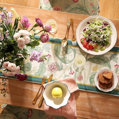 patdrea Designer Green Floral Table Runner,French Elegant Vibrant Rustic Linen with Green Leaves Patterns Fabric Table Mat,Decoration for Kitchen Dining Room Banquet Christmas ,12"*71"