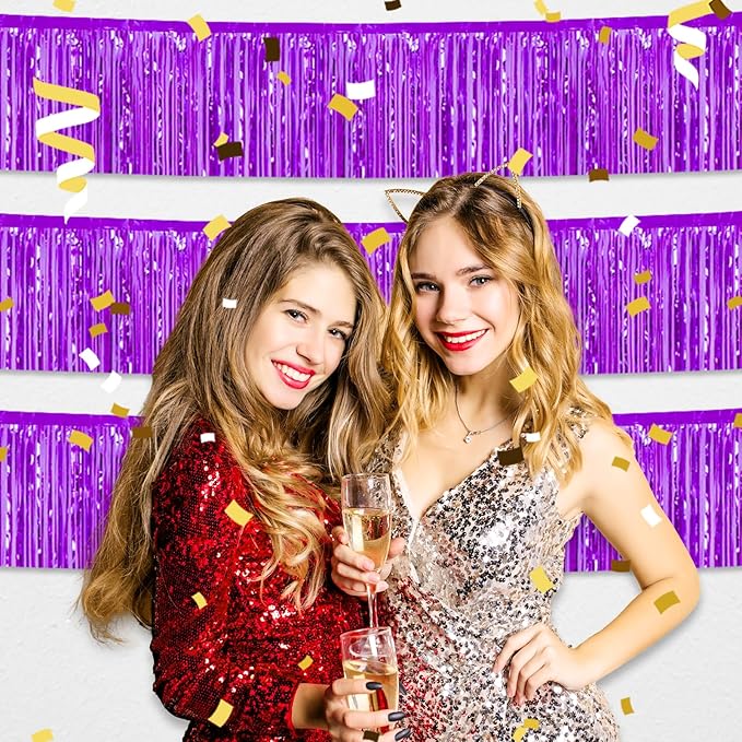 4 Pack 10 Feet Purple Foil Fringe Garland Metallic Tinsel Streamers Banner Wall Hanging Curtain Backdrop for Parade Floats, Wedding, Graduate, Mother's Day, Birthday Party Decoration