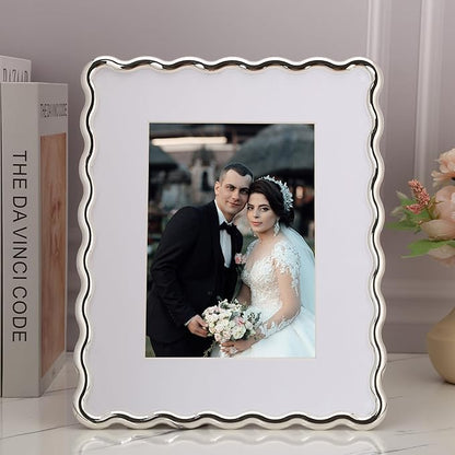 Silver 8x10'' Wave Design Photo Frame with Acid Free Mat for 5x7'',High-End Zinc Alloy Picture Frames with Velvet Back,Fashionable Style Silver frames 7x5''