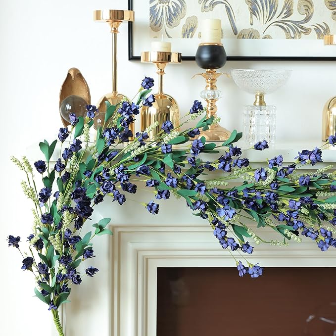 Mizii Blue Artificial Flower Garland 6FT Fake Wildflower Floral Garland Hanging Vines Spring Summer Flowers Decorations for Mantle Table Centerpieces Room Wall Fireplace Wedding Decor (Navy Blue)
