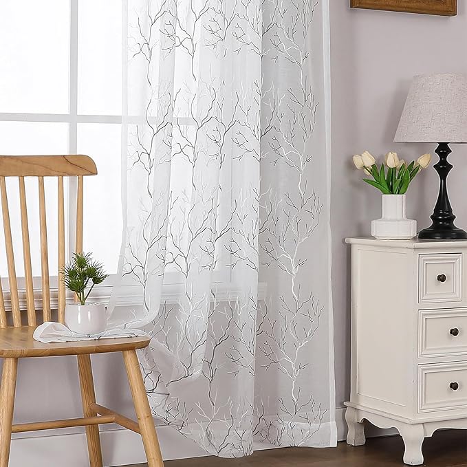 VISIONTEX Sheer Curtains 84 inch Length 2 Panels Set, Decorative Grey Coral Embroidery, Rod Pocket Embroidered Window Drapes for Living Room and Bedroom, 54" x 84"