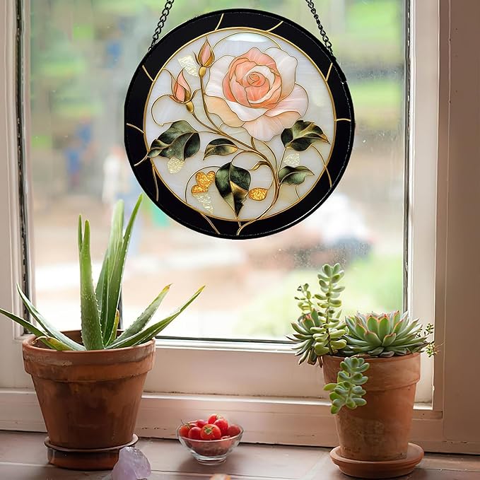 Stained Glass Window Hanging - Black White Pink Rose Sun Catcher for Door Home Decor Flower Suncatcher Christmas Mother's Day Birthday Gifts for Women Men Lovers Mom Nana 7.8 in