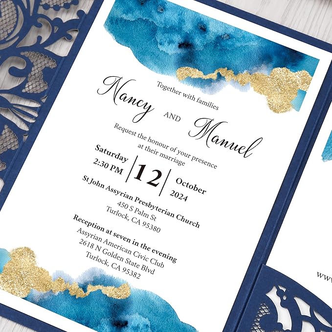 DORIS HOME 50PCS Laser Cut Wedding Invitations with Envelopes and RSVP Cards Personalized Inner With Gold Glitter Belly Band for Wedding Engagement Bridal Shower Party Invite 4.7x7 Inch Navy Blue