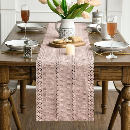 Artoid Mode Pink Farmhouse Woven Rustic Hollow Table Runner, Seasonal Holiday Hollow Kitchen Dining Table Decoration for Home Party Decor 12x90 Inch