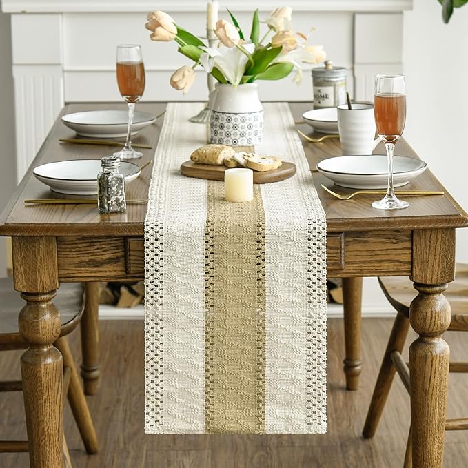 Artoid Mode Burlap Brown Farmhouse Rustic Table Runner, Seasonal Holiday Hollow Kitchen Dining Table Decoration for Home Party Decor 12x120 Inch