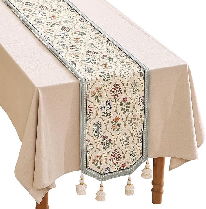 ISAENNE Designer Vintage Elegant Linen Table Runner 118 Inches Extra Long,Colorful Wildflower Pattern Runner,Decor Table Runners for Dining Tables,Thanksgiving,Christmas,12"*118"-Serenity B