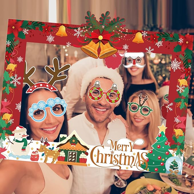 HOWAF 30 Pcs Christmas Photo Booth Props - Merry Christmas Paper Photo Frame, Funny Santa & Gingerbread Photo Props for Xmas Holiday Party Decoration, Selfie Frame Props