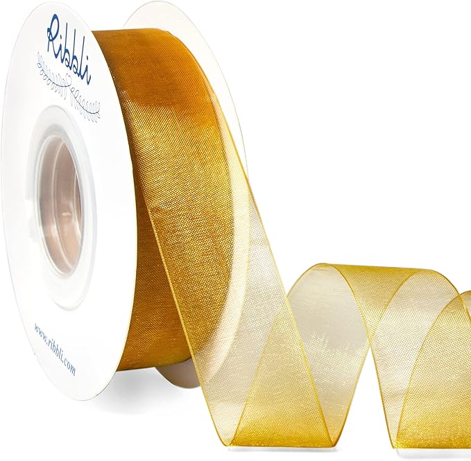 Ribbli Pale Gold Organza Ribbon,1 Inches x Continuous 50 Yard, Pale Gold Sheer Ribbon for Gift Wrapping,Cookie Wrapping,Wedding Decoration,All Crafting and Sewing