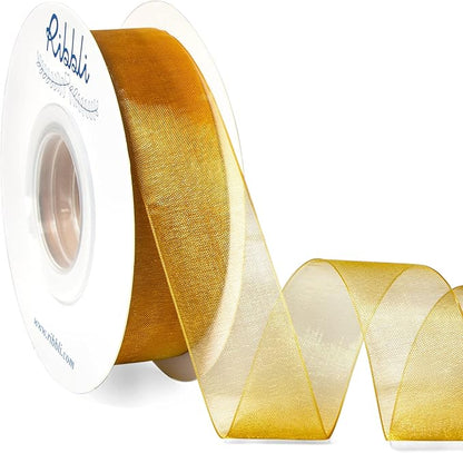 Ribbli Pale Gold Organza Ribbon,1 Inches x Continuous 50 Yard, Pale Gold Sheer Ribbon for Gift Wrapping,Cookie Wrapping,Wedding Decoration,All Crafting and Sewing