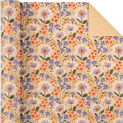 WRAPAHOLIC Kraft Floral Wrapping Paper Roll - Mini Roll - 17 Inch x 9.8 Feet - Watercolor Flower Wrapping Paper, Perfect for Wedding, Birthday, Bridal Shower, Tea Party