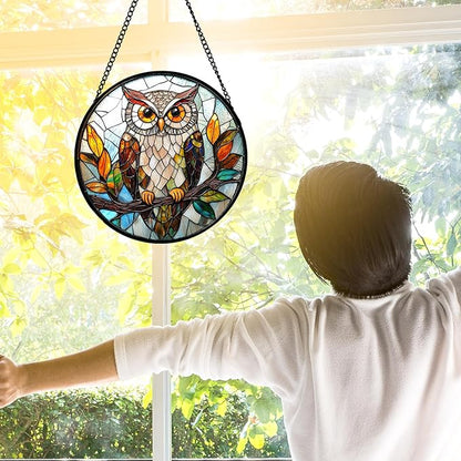 Stained Glass Window Hanging, Owl Colorful Leaves Birds Sun Catchers Diamond Glass Panel Hangings Suncatcher Decor for Birthday for Women, Men, Wife, Aunt, and Mom 7.8 in