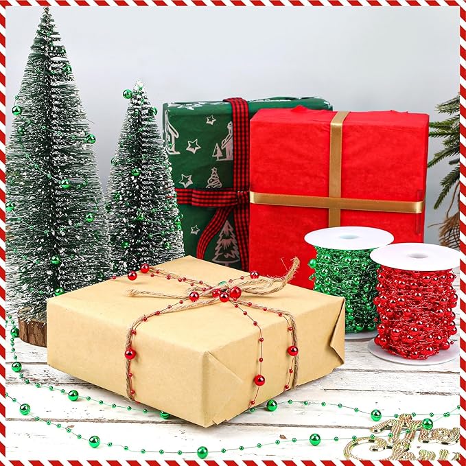 JULBEAR Beads Garland Decoration, 1Rolls 131Feet Red Christmas Pearl Strands Chain Bead Garland for Christmas Tree Fireplace Wreath Gift Bouquet Crafts Wrapping Wedding Party Centerpieces Decoration