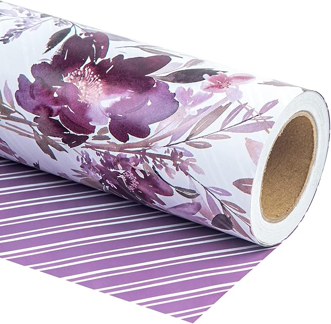 WRAPAHOLIC 30 Inch Jumbo Reversible Floral Wrapping Paper - 30 Inch X 33 Feet - Purple Floral Design for Wedding, Birthday, Mothers Day, Baby Shower, Anniversary, Bridal Shower