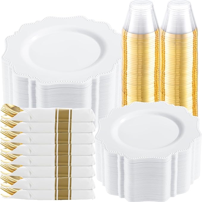 COLOSUS 350pcs White Plastic Plates Disposable Gold Cutlery Dinnerware set for party: 50 Dinner Plate, 50 Dessert Plate, 50 Per Rolled Napkins with Gold Silverware, 50 Cups 9 OZ for Wedding & Party