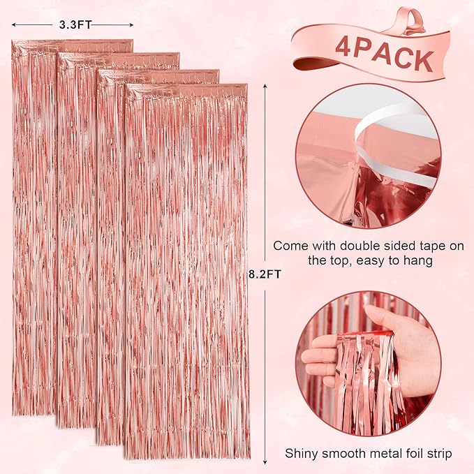 4 Pack Rose Gold Foil Fringe Backdrop Curtains, Tinsel Streamers Birthday Party Decorations, Fringe Backdrop for Graduation, Baby Shower, Gender Reveal, Disco Party