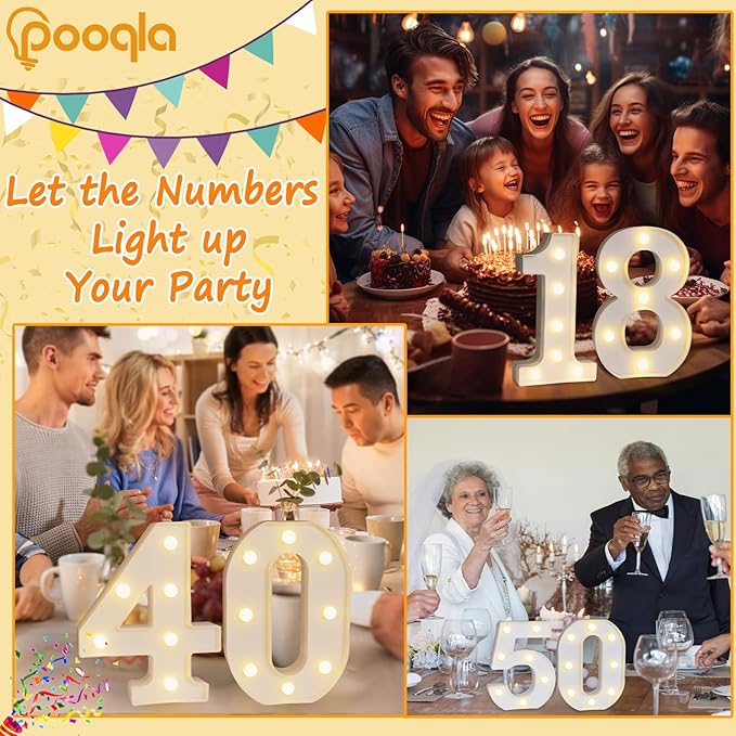Pooqla Decorative Led Light Up Number Letters, White Plastic Marquee Number Lights Sign Party Wedding Decor Battery Operated Number (0)