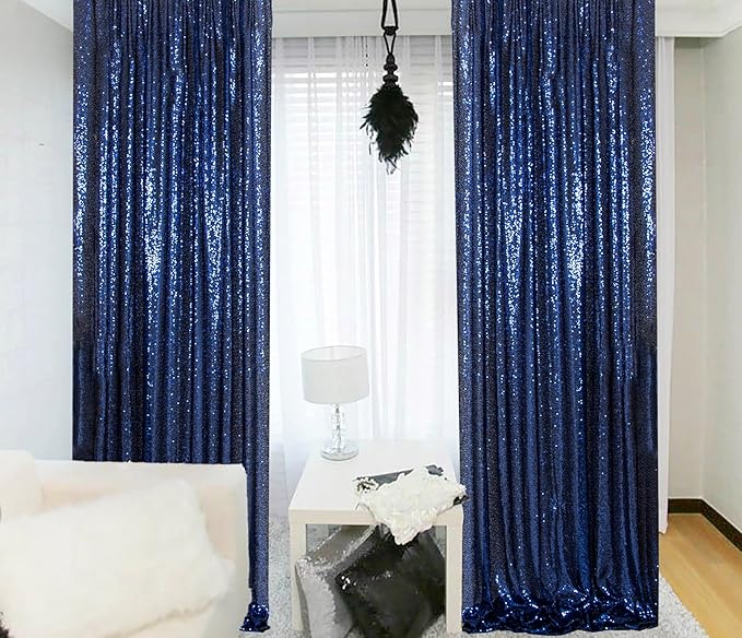 ShinyBeauty 4x10ft Navy Blue Sequin Photo Backdrop – 2 Pack Glitter Curtains for Wedding Photography, Party Decor, Studio Background (High-Reflective Sparkle, Portable & Lightweight)
