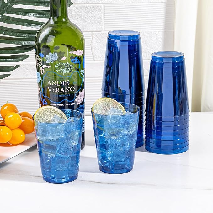 DaYammi 100 Pack Clear Blue Plastic Cups 10 Oz, Blue Cups for Party Disposable Wine Glasses Heavy Duty Disposable Tumblers Drinking Cocktail Glasses for Wedding