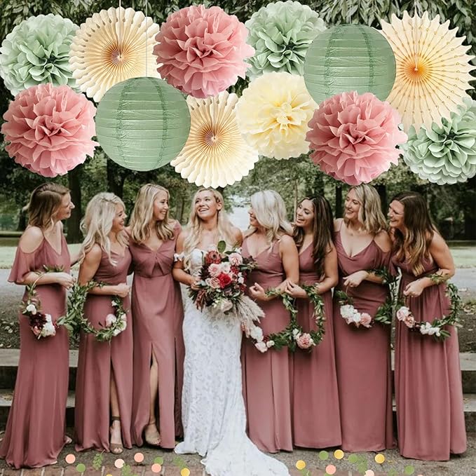 Dusty Pink and Sage Green Party Decorations Dusty Rose Sage Green Tissue Pom Poms Paper Lanterns Confetti Dots Scatter Table Decoration for Women Girls Birthday Party Wedding Baby Shower Engagement