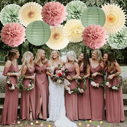 Dusty Pink and Sage Green Party Decorations Dusty Rose Sage Green Tissue Pom Poms Paper Lanterns Confetti Dots Scatter Table Decoration for Women Girls Birthday Party Wedding Baby Shower Engagement