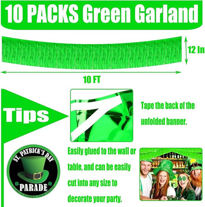 10 Pack 10 Feet Foil Fringe Garland Metallic Tinsel Streamers Banner Wall Hanging Curtain Backdrop for Parade Floats, Bachelorette, Wedding, Birthday, St Patrick Day, Party Decorations(Green)