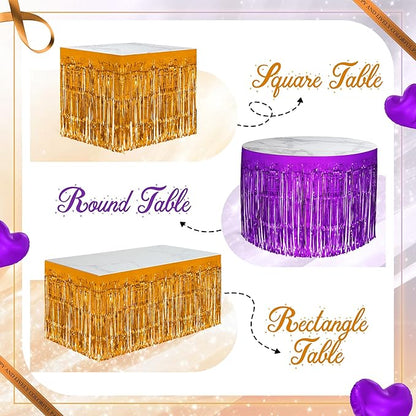 2 Pack Dark Purple Orange Table Skirts, 29x108" Metallic Foil Tinsel Fringe Table Skirt for Rectangle Tables Streamer Curtains Backdrop, Party Decorations for Birthdays, Weddings, Holidays