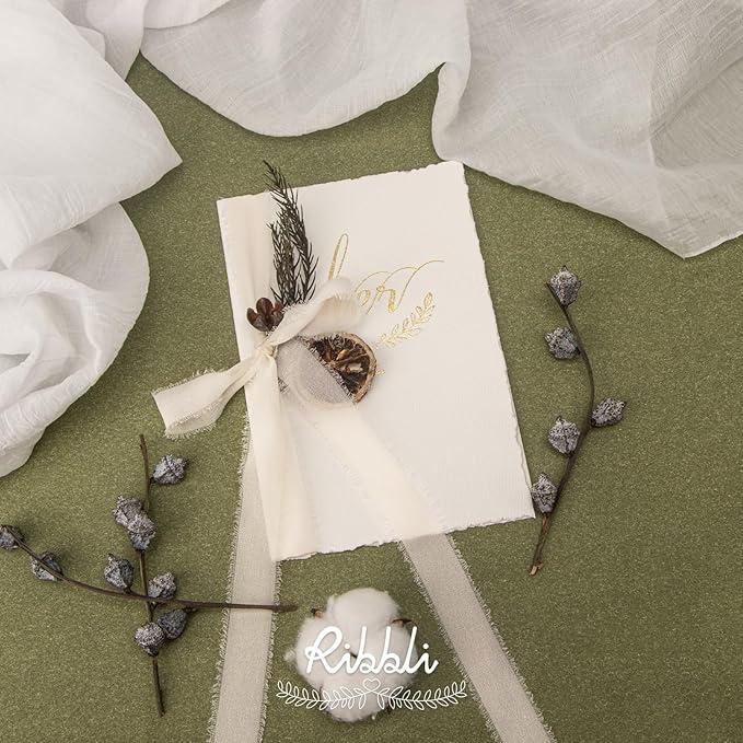 Ribbli Cream White Ribbon 1 Inch x 3 Rolls Total 24 Yards Cream Handmade Fringe Chiffon Silk Ribbon for Wrapping Wedding Invitations Bridal Bouquets DIY Crafts Home Decor
