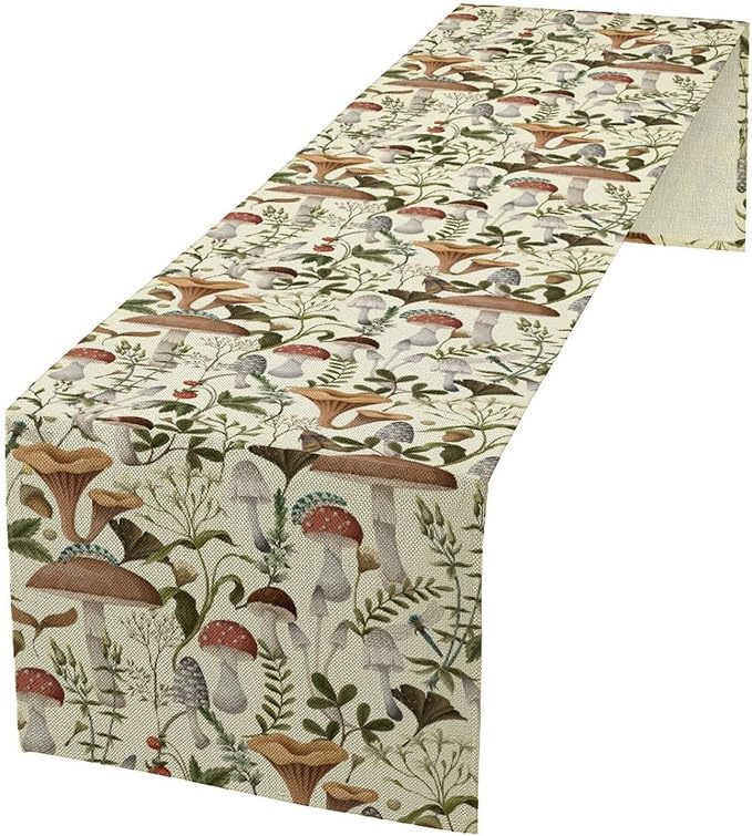 Mushroom Table Runner,Vintage Forest Flower Plant Print Table Runner for Kitchen Dining Table Home Party Decoration 13x120 Inch